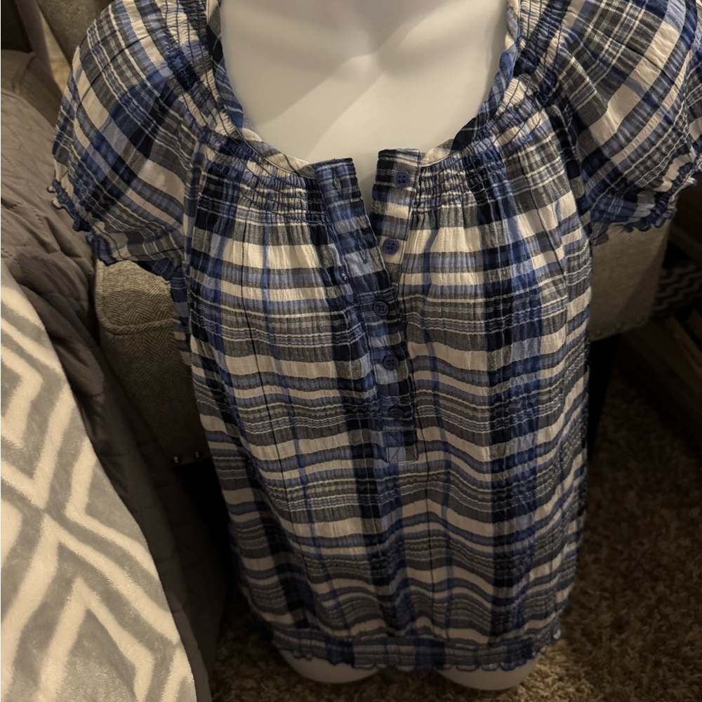 St. John's Bay Blue and White Plaid Blouse
